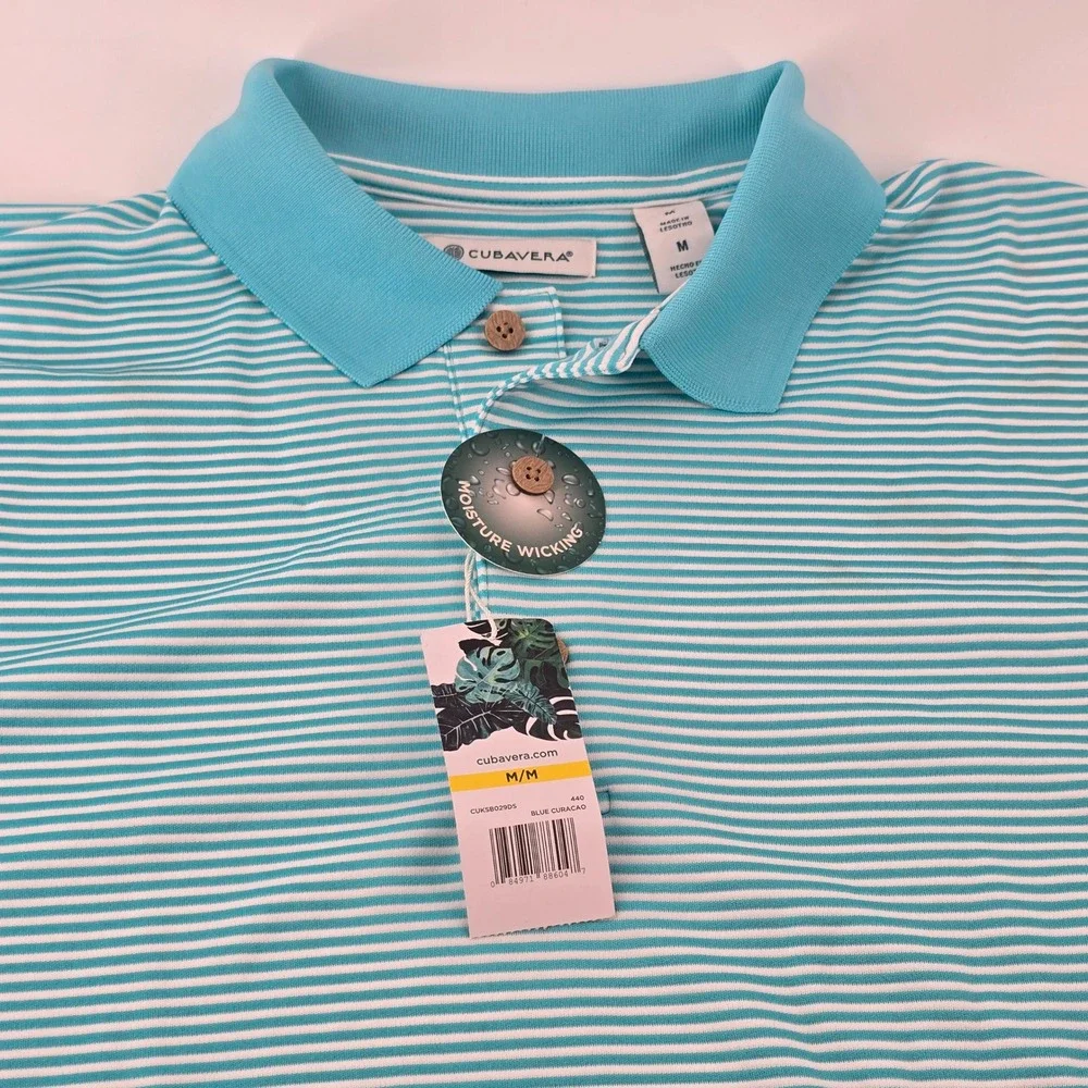 Cubavera Polo Shirt Mens Medium Blue Curacao Striped Moisture Wicking